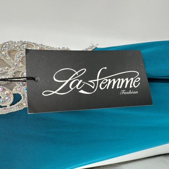La Femme Prom Dress SZ 6 Teal Sleeveless Formal Embellished Lace Strap Racerback - Picture 14 of 16
